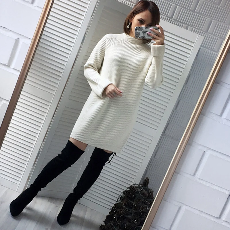 

Autumn Winter Solid Knitted Cotton White Sweater Dresses Women Fashion Loose O-neck Pullover Female Dress Vestidos Feminino