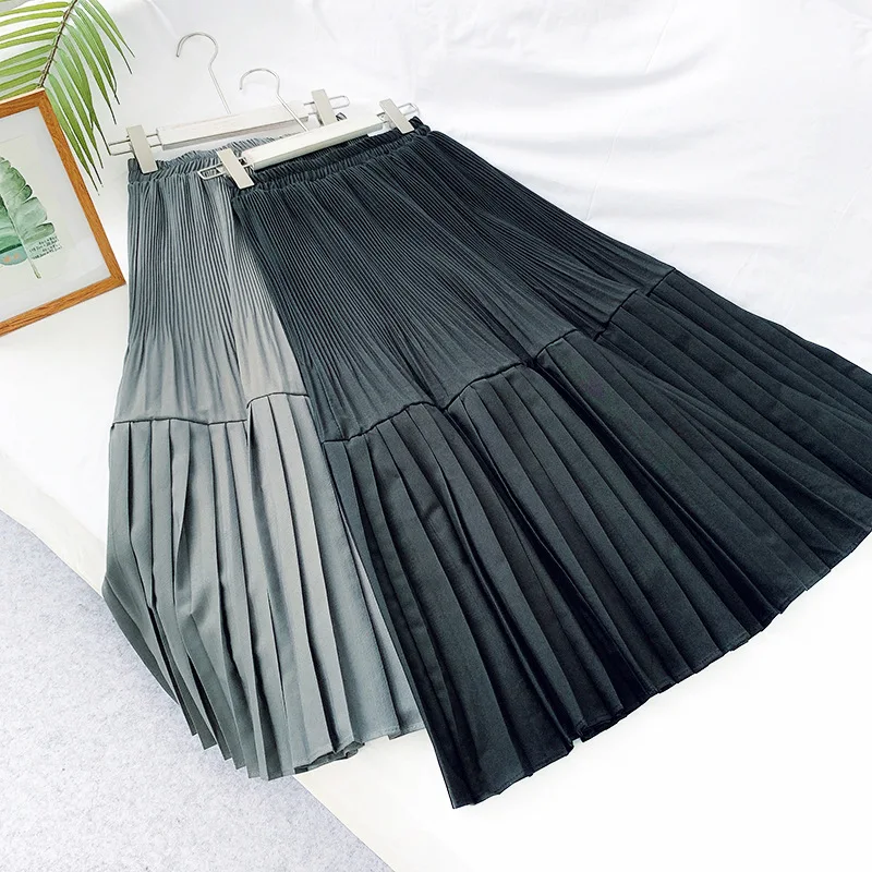 Stitching pleated skirt female mid-length 2019 winter new style high waist was thin A-line temperament bottoming | Женская одежда