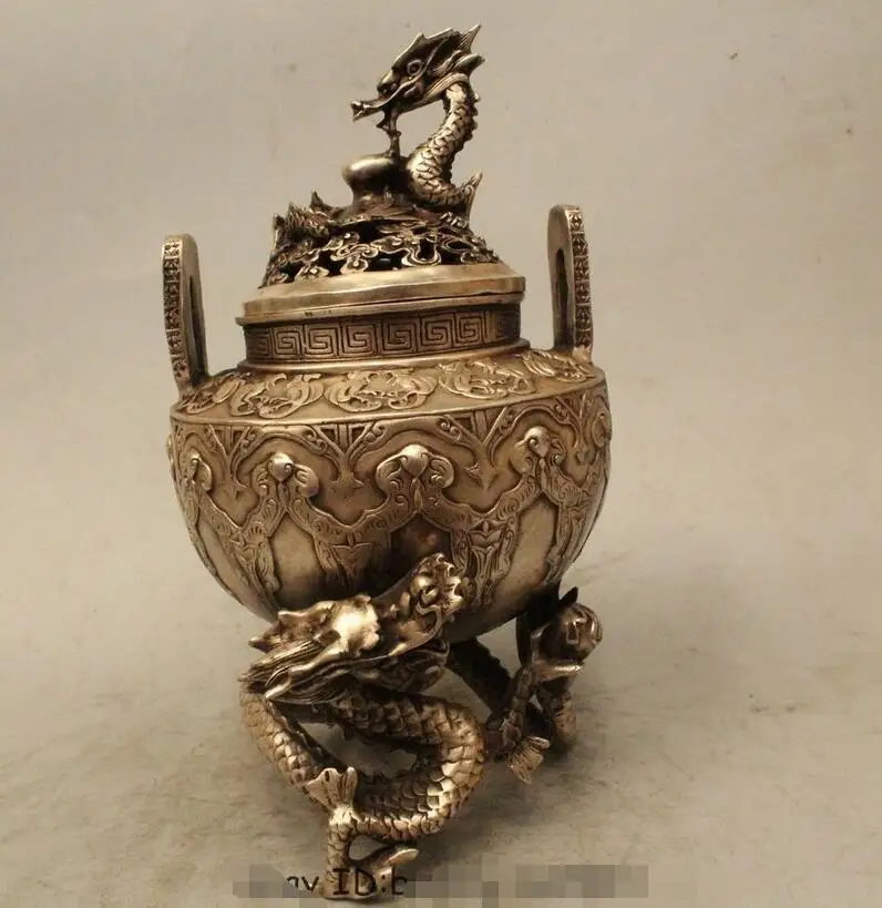 

10" Makred Chinese Dynasty Folk Silver Dragon Play Bead Incense Burner Censer