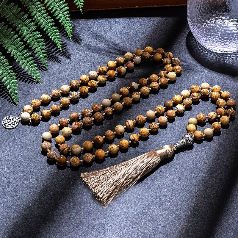 108 Japa Mala ожерелье с узелками 8 мм естественное изображение яшма медитация