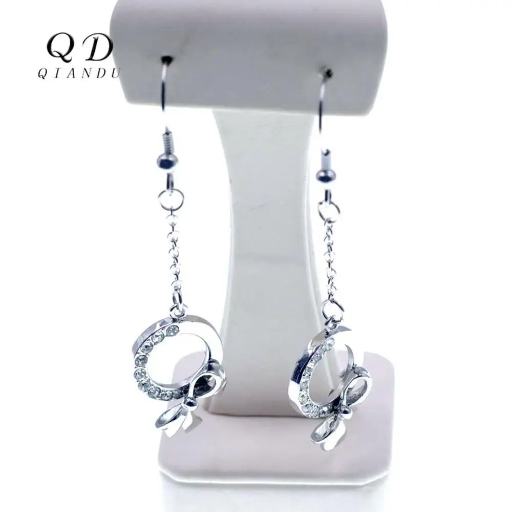 

Qian Du ladies long earrings stainless steel earrings with round transparent crystal bow pendant women gift jewelry