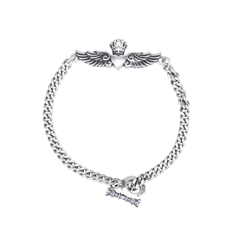 

S925 sterling silver bracelet personality angel wings design flower simple punk retro fashion accessories jewelry