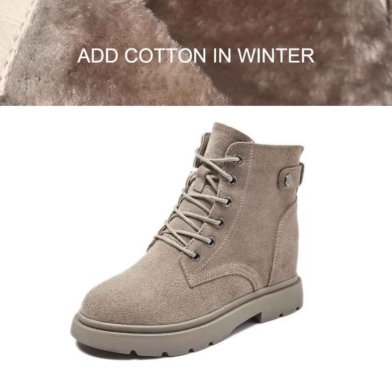 Genuine Leather Shoes Women Boots Warm Shoes Cow Leather Women Ankle Boots Autumn Winter Footwear Height Increasing 6.5cm A1649