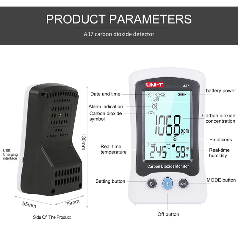 Цифровой тестер качества воздуха UNI-T A37 комнатный/наружный HCHO и TVOC измеритель CO2