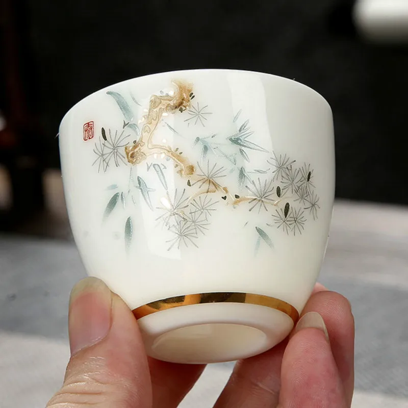Chinese Ceramic Teacup 70ml Cute Small Wine Cup Upscale Gift Exquisite Translucent White Jade Porcelain Tea Bowl Teaware | Дом и сад