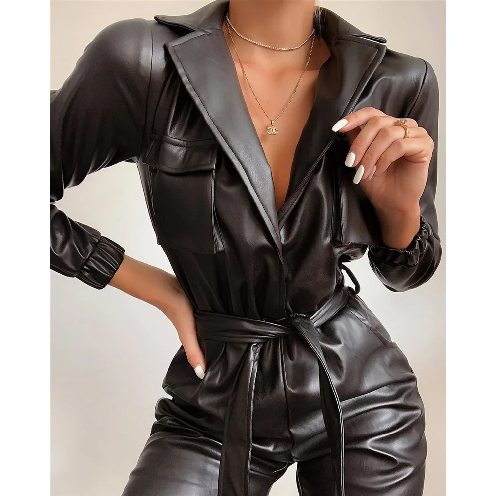 2019 женский комбинезон из искусственной кожи модный уличный с отложным