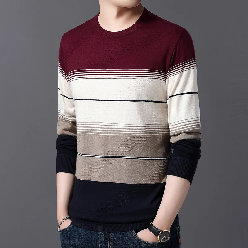 WENYUJH Autumn New Men's Sweater O-Neck Striped Slim Fit Knittwear Mens Sweaters Pullover Men Pull Homme 4XL Men Colthing