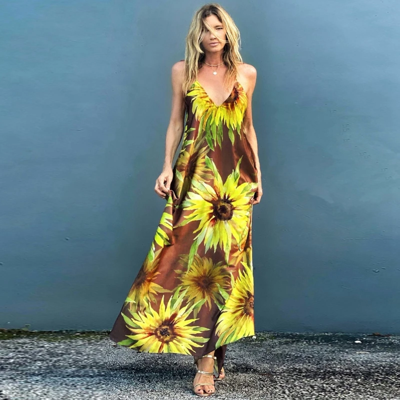 

Boho Spaghetti Strap Dress Summer Women Sexy V-Neck Chiffon Maxi Dress Floral Print Seaside Chic Vibe Sleeveless Beach Vestidos