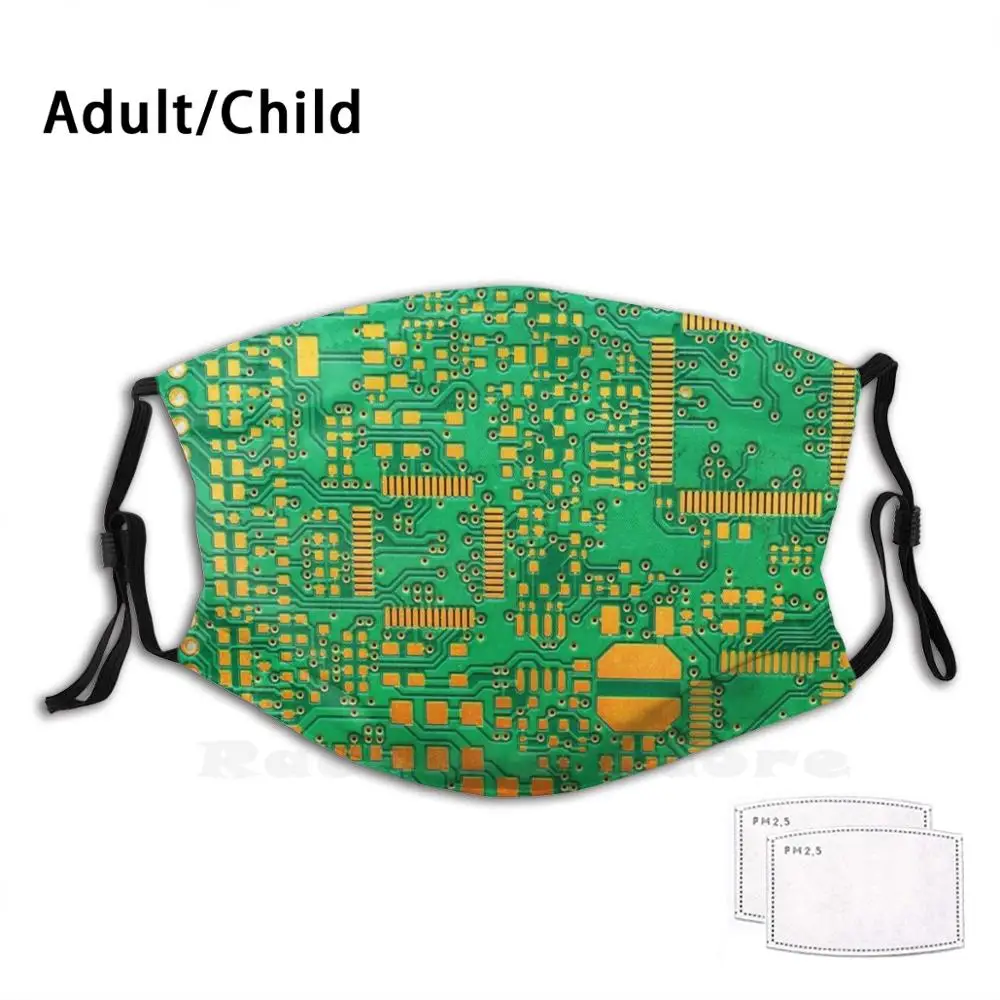 

Green Electronic Circuit Board Print Washable Filter Anti Dust Mouth Mask Green Board Chip Circuit Closeup Component Computer