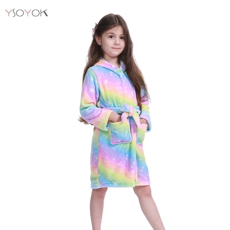 Kigurumi/Детские Банные халаты; детский банный халат с капюшоном и рисунком звезды, радуги, Единорога; пижамы для мальчиков и девочек; ночная рубашка; детская одежда для сна - Цвет: Rainbow stars