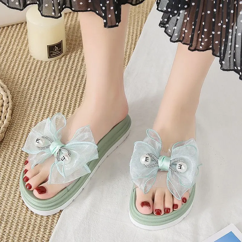 

2021 Summer Women's Slippers Fashion Simple Vamp Bowknot Modification Sweet All-match Trifle Bottom Slippers