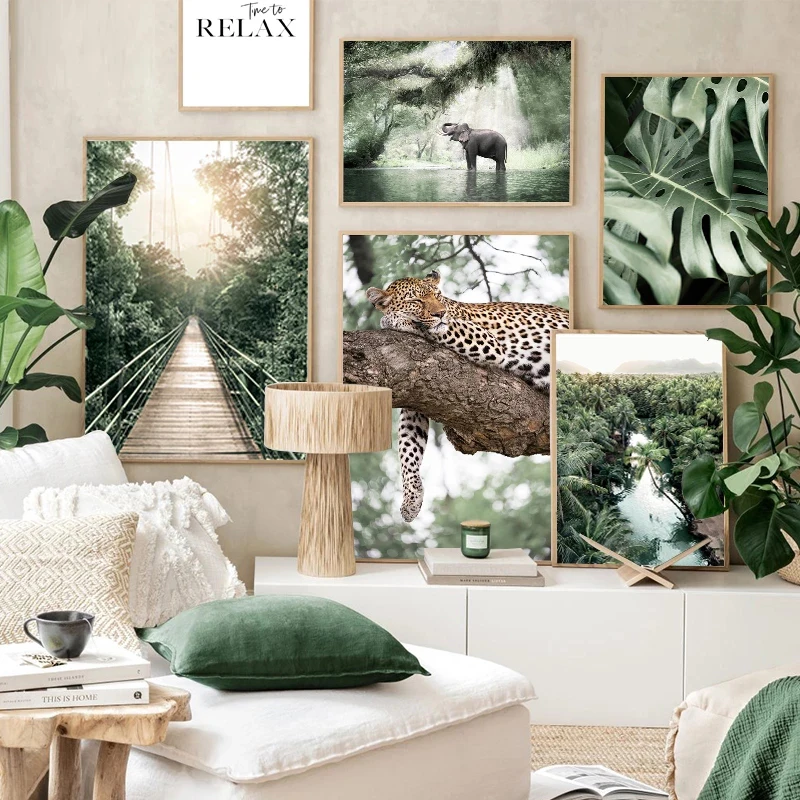 Настенный художественный постер с изображением джунглей, пейзажа, леса, реки, леопарда, слона, зеленых пальмовых листьев, фотография детско...