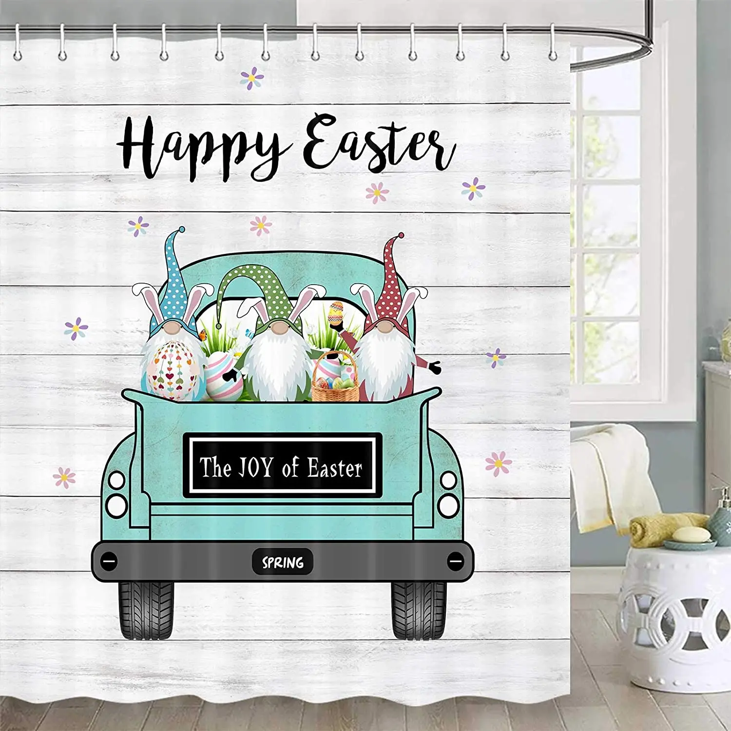 

Easter Shower Curtain Retro Truck Car on Rustic Wooden Shower Curtain Sets Fabric Shower Curtain Hooks Include