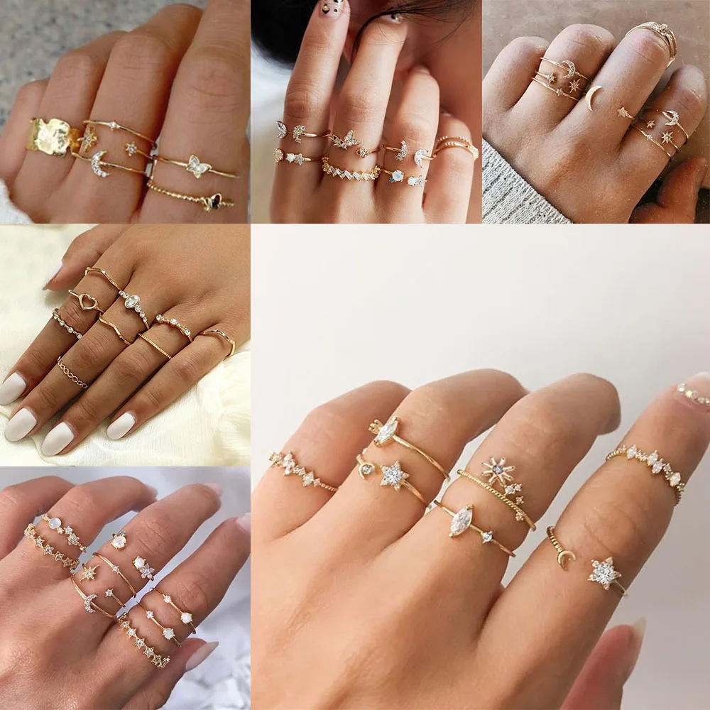 

Intage Gold Star Knuckle Rings For Women Crystal Crescent Geometric Female Finger Set Jewelry 2021 Punk
