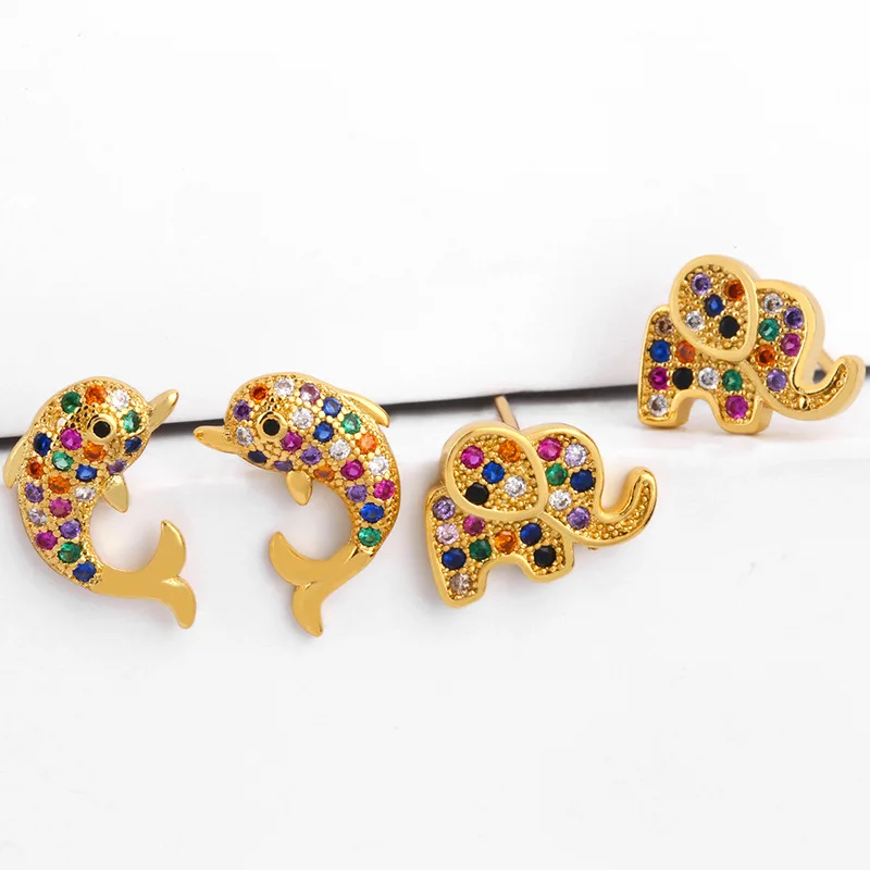 Милые романтические короны серьги-гвоздики в виде слона золотого цвета