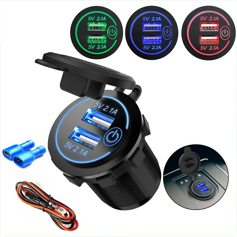 Автомобиля с двумя портами USB Зарядное устройство крышные кнопки для мото Авто