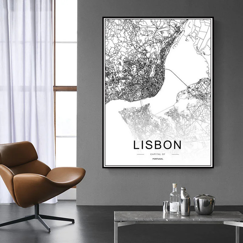 Португалия Лиссабон Карта города Черный и белый Абстрактная живопись плакат