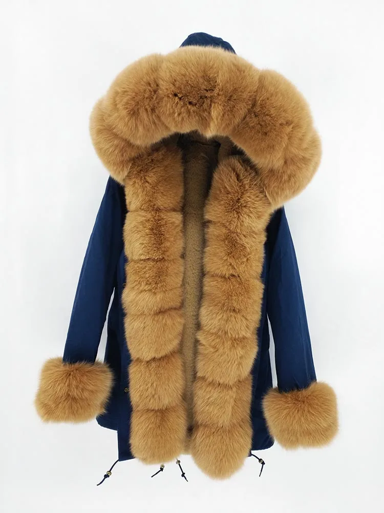 

2021 Waterproof Real fox Fur Coat Long Parka Winter Jacket Women Natural Fox Fur Collar Outerwear Streetwear Warm
