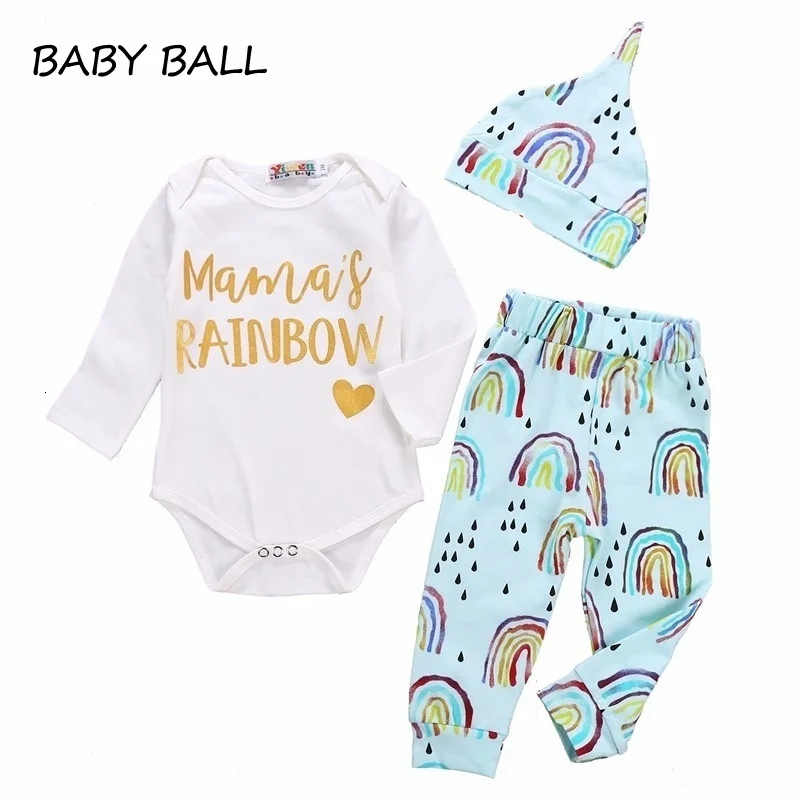 Newborn Baby Girl Boy Long Sleeve Romper Bodysuit Rainbow Pants and Hat Outfit 3Pcs Set | Детская одежда и обувь