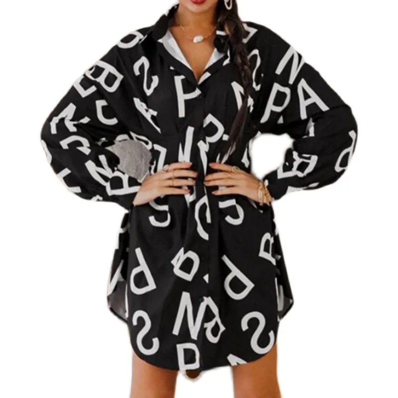 

Fashionable Women's Loose Shirt DressSummer and Autumn Long-sleeved Thin Letter Pattern DressChiffon Printing Trendy Clothing