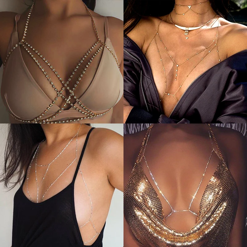

New Women Shiny Crystal Rhinestone Mesh Body Bra Sexy Charm Ladies Body Chest Chain Fashion Jewelry Gift