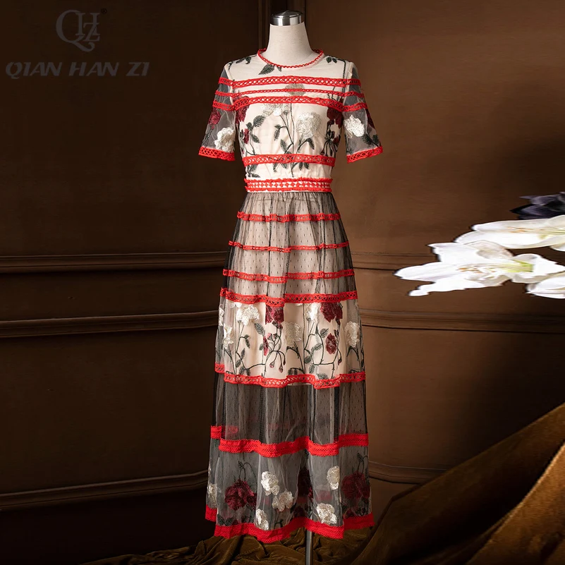 

Qian Han Zi Designer Fashion Runway Maxi Dress Women Short Sleeve Lace Hollow Patchwork Embroidered Long Elegant Long Dress