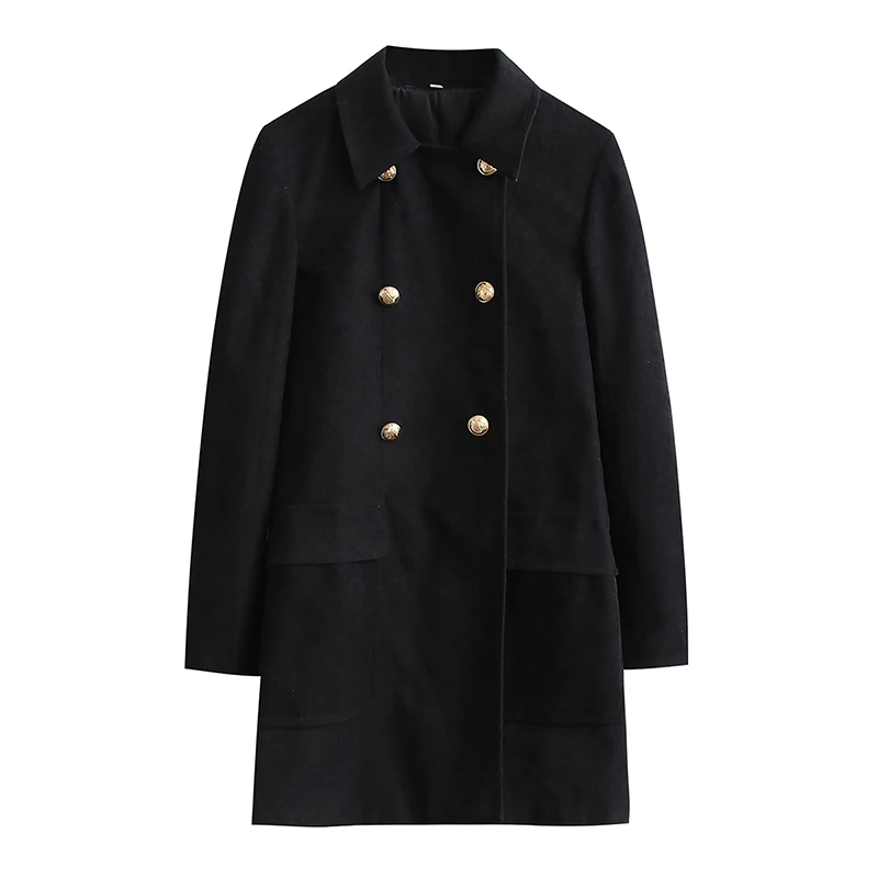 

Women Autumn Winter Chic Lady Black Casual Fashion Overcoat Female Turn Down Collar Golden Button Double Breasted Oversize Coat