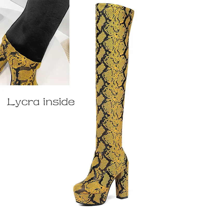 Lycra inside Yellow Lasyarrow/женские ботинки новые зимние модные водонепроницаемые сапоги выше колена на платформе с круглым носком и змеиным узором - Цвет: Lycra inside Yellow