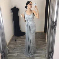 yqlnne elegant silver long prom dresses straps crystals beaded tulle formal gowns with ribbon mermaid party dress