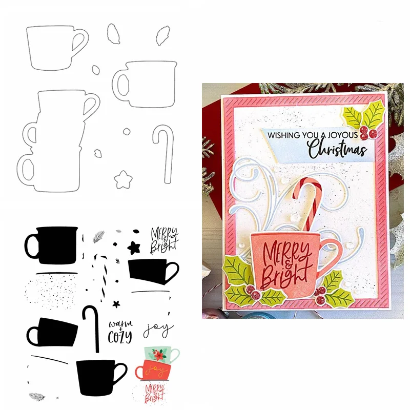 

Festive Mugs Stamp Set And Coordinating Die Joy Merry Bright Clear Stamps for DIY Scrapbooking Cards Crafts Making 2021 new