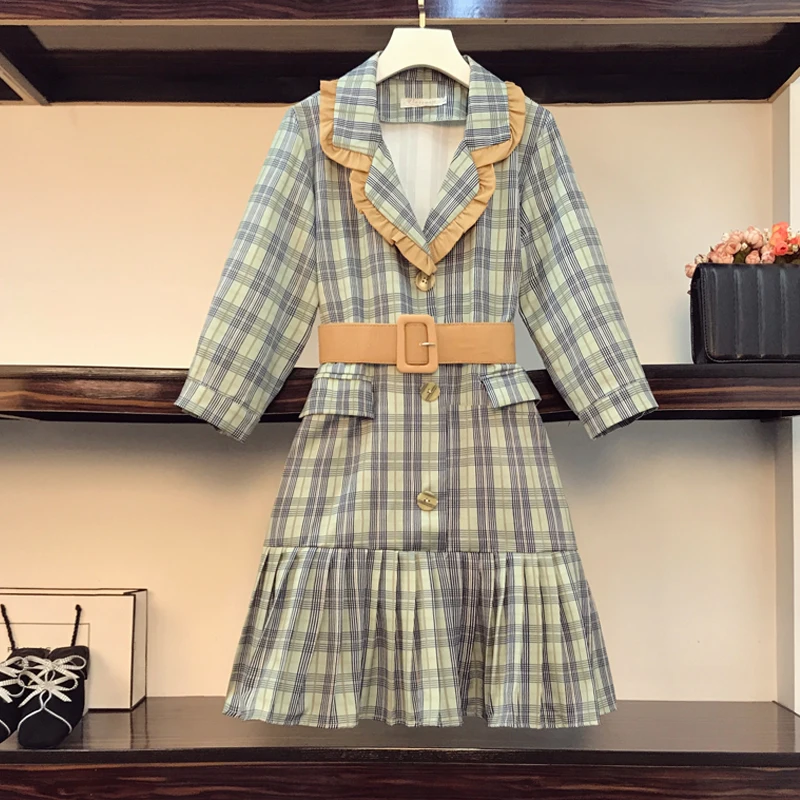 

EHQAXIN Autumn New Style Plus Size Women's Dress Mid-Length Loose Dress Casual Shirt Elegant Green Plaid Tops L-4XL