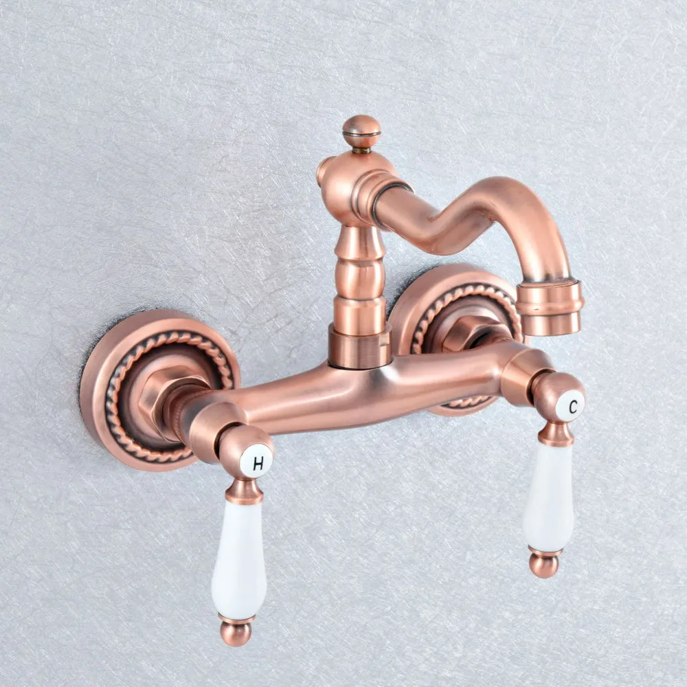 

Antique Red Copper Brass Wall Mounted Kitchen Wet Bar Bathroom Sink Faucet Swivel Spout Mixer Tap Dual Ceramic Handles asf884