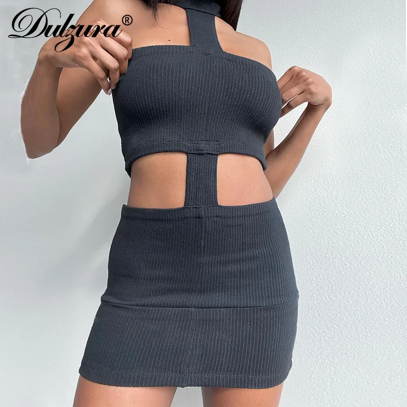 

Dulzura 2021 New Style Hot Sleeveless Solid Color One Shoulder Mini Hollow Out Skinny Summer Sexy Halter Dress