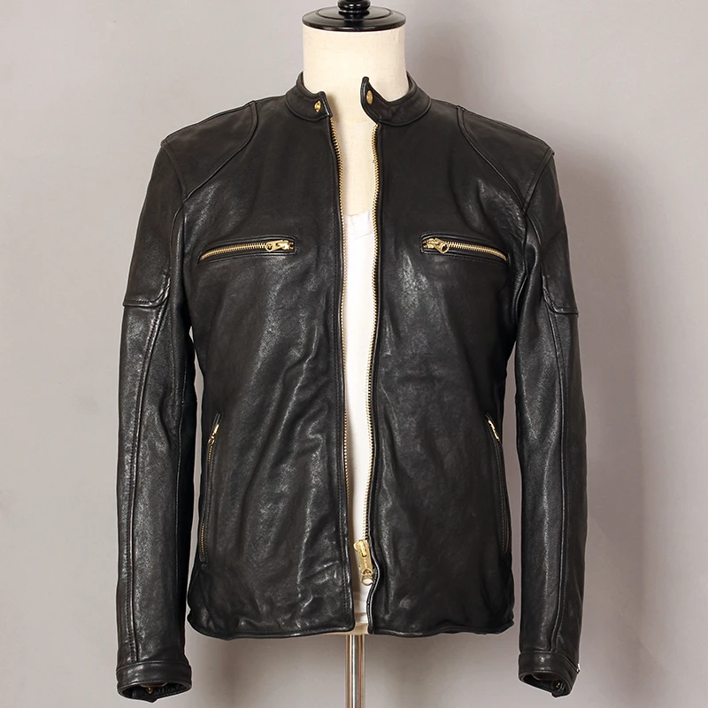 

Мужская мотоциклетная куртка из натуральной овечьей кожи, черная Повседневная приталенная байкерская куртка с воротником-стойкой, 2021
