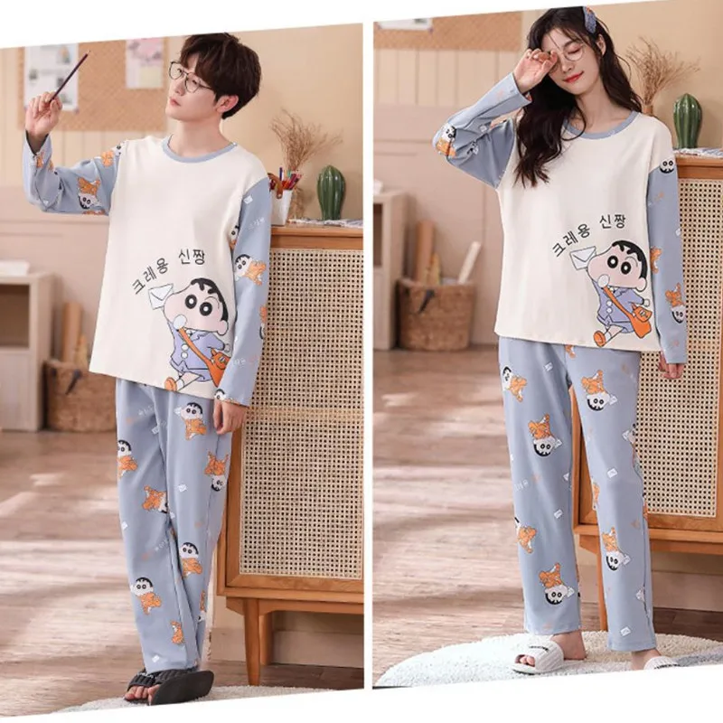 Long Sleeve Couple Matching Pajamas For Men Women Lover Anime Pijama Mujer Korea Casual Sleepwear Lounge Wear 2 Piece Nightgown