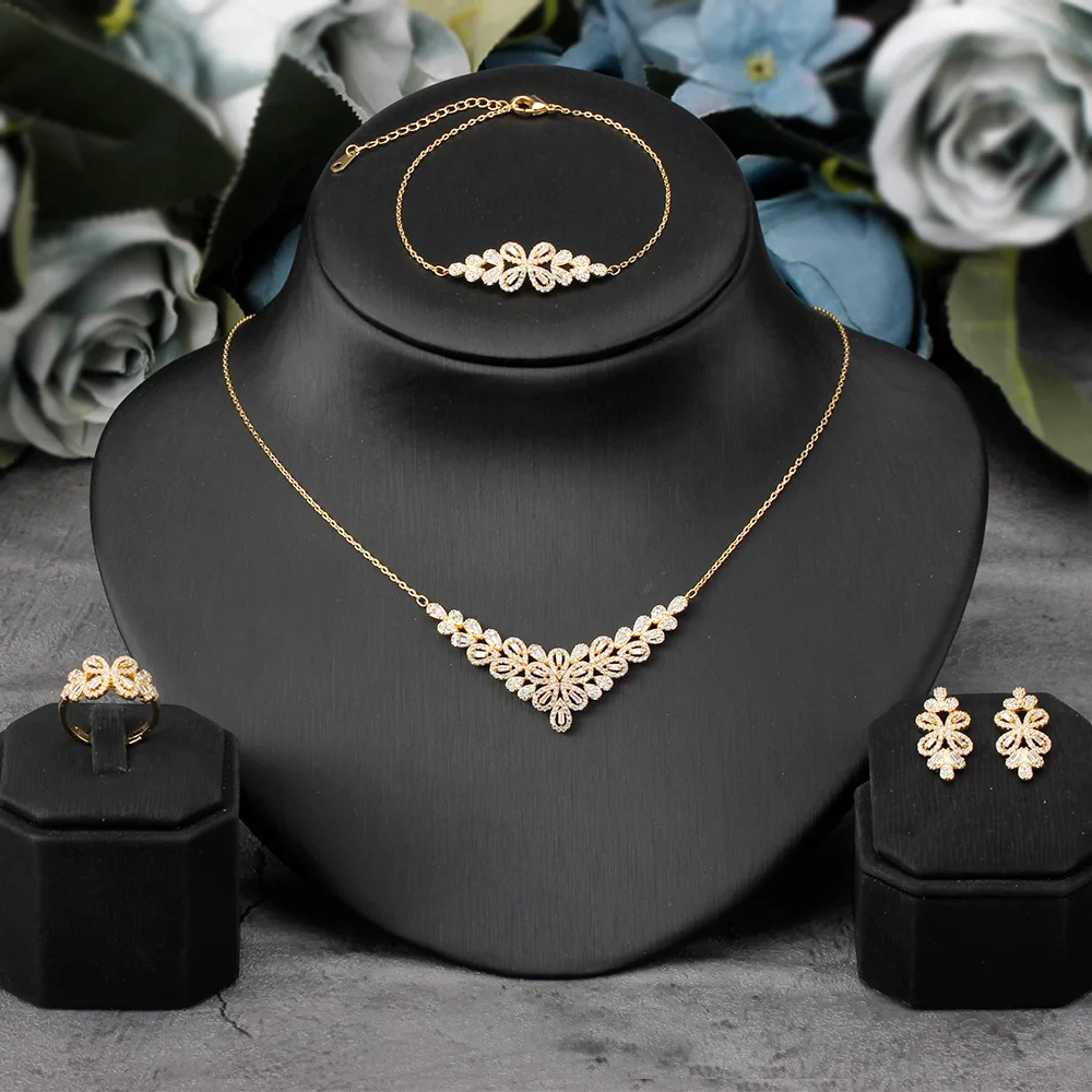 

Trendy Gold Color Women Jewelry Lobster Clip Rolo chain Drop Cubic Zirconia Blue Green Necklace And Earring 4PCS Jewery Set