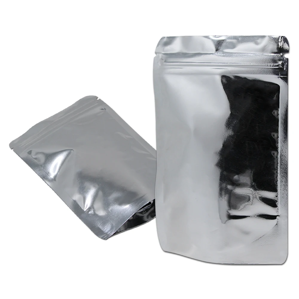 

100Pcs Glossy Silver Zip Lock Stand Up Bag Aluminum Mylar Foil Self Seal Reclosable Food Snack Tea Cookies Storage Pack Pouches