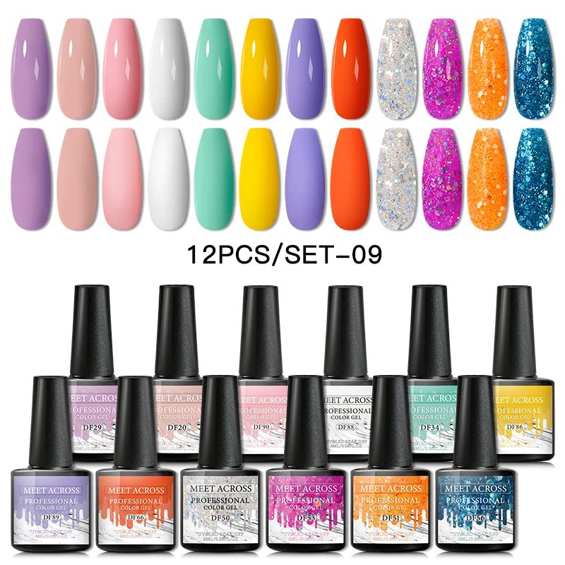 

MEET ACROSS 12Pcs Matte Gel Nail Polish Set Nail Glitter Hybrid Varnish Semi Permanent Color Gel Soak Off UV LED Nail Gel Kit