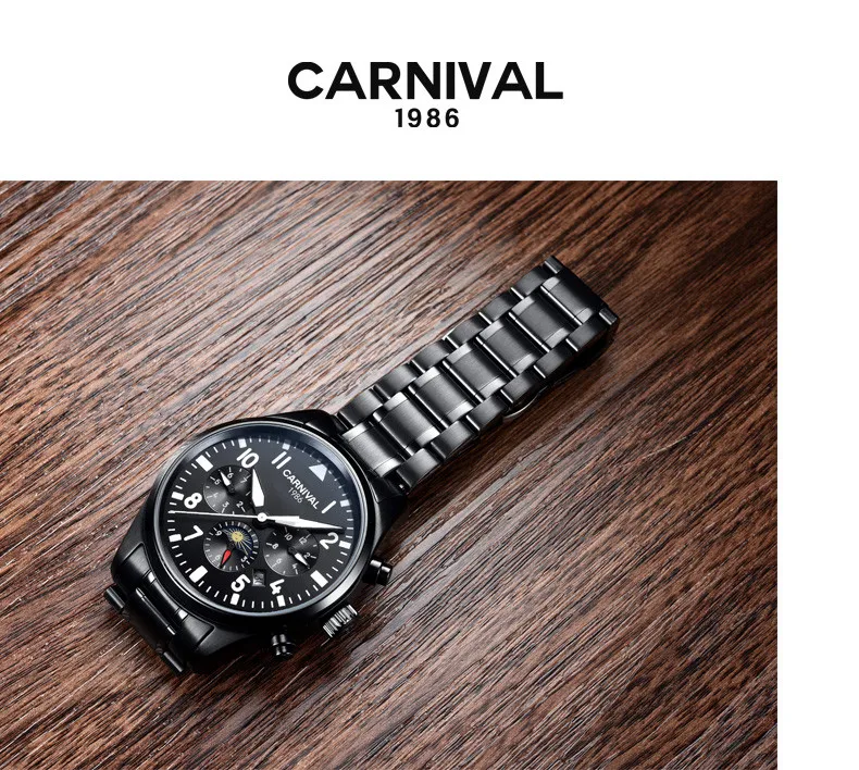

2019 Luxury CARNIVAL Black Steel Luminous Man Automatic Watch Mechanical Self Winding Men Watches mekanik kol saati relogio