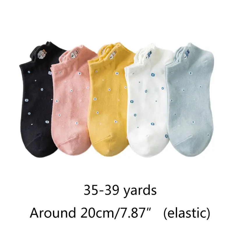 

5 Pairs Japanese Style Women Girls Summer Low Cut Short Boat Socks Cartoon Fish Embroidery Floral Printed Cotton Hosiery