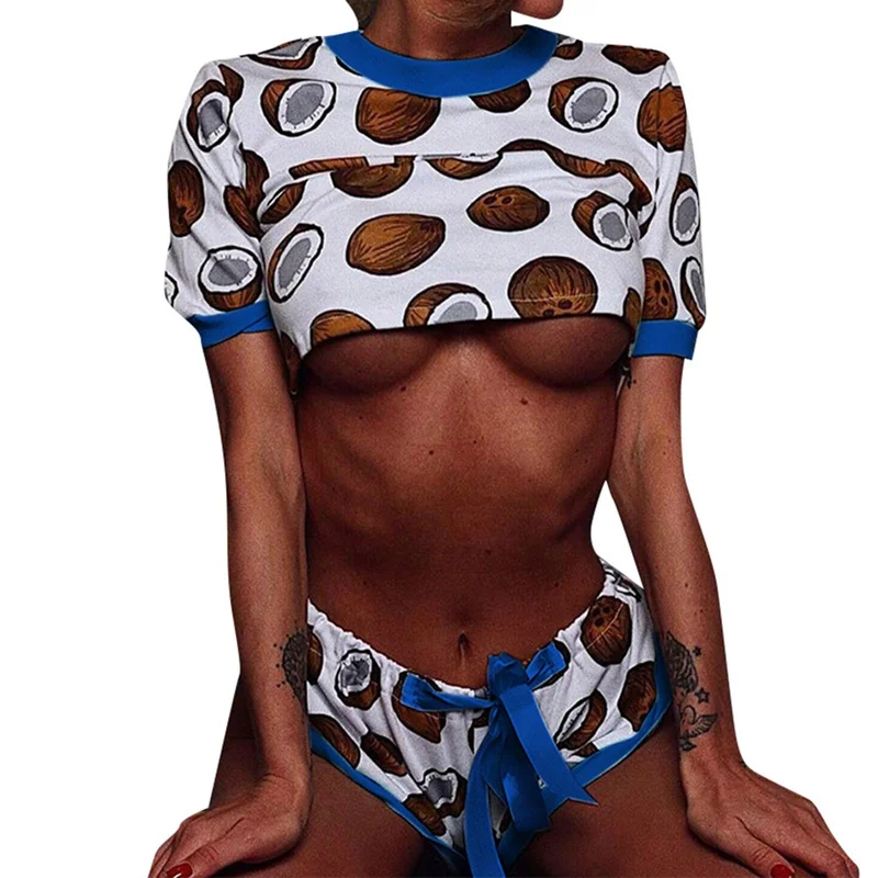 

Женские милые пижамы с кокосовым принтом, спортивные костюмы из CropTop + мини-шорты с эластичным поясом, Женская одежда из двух предметов, летн...