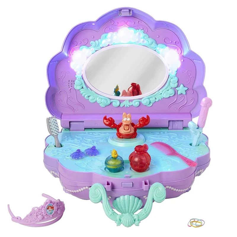 Preise Disney Mermaid Shell Kommode Tragbare Spielen Haus Desktop Licht Musik Ariel Make-Up Box Geburtstag Mädchen Spielzeug Geschenk