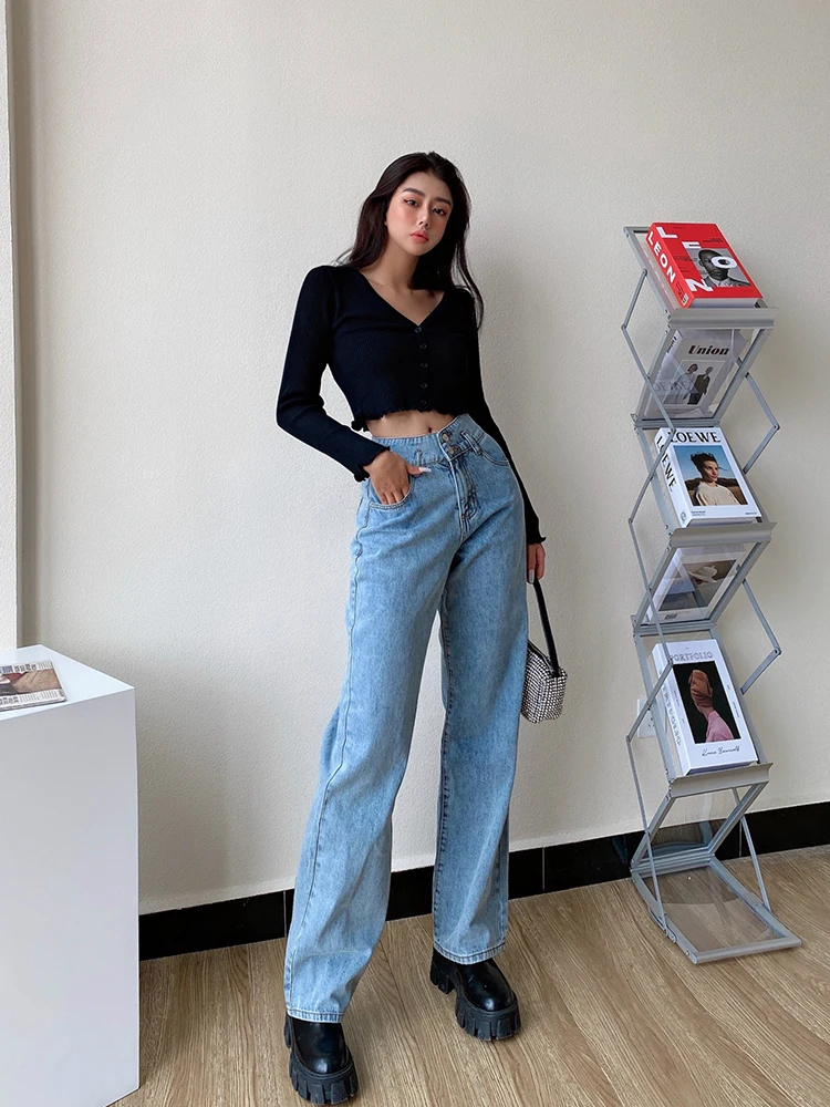 

WOMENGAGA High Waist Leg Pants Blue Jeans Women's Straight Loose Casual Slim Denim Trousers Womens FLI9