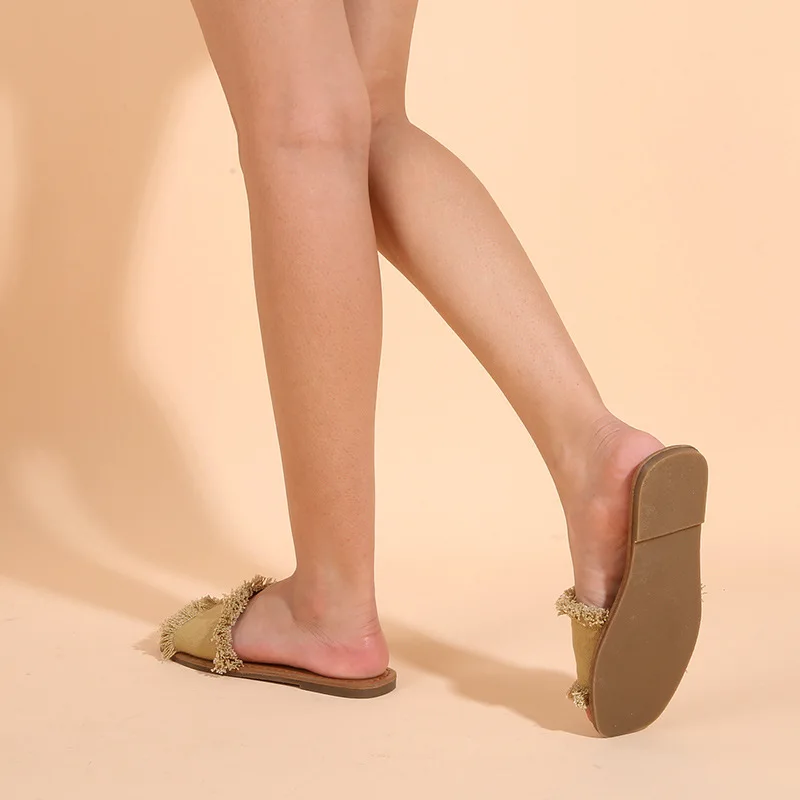 

Slippers Women Summer Flat Shoes Female Slides Beige Heeled Sandals Pantofle Black 2021 Soft Casual Basic TPR Solid Cotton Fabri