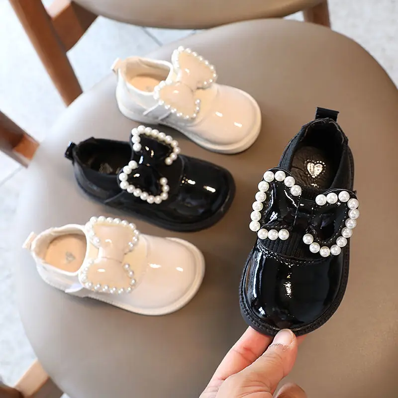 Zapatos de suela blanda para ni&ntilde;os y ni&ntilde;as, zapatillas de princesa con lazo y perlas, de cuero PU, para primavera y oto&ntilde;o-0