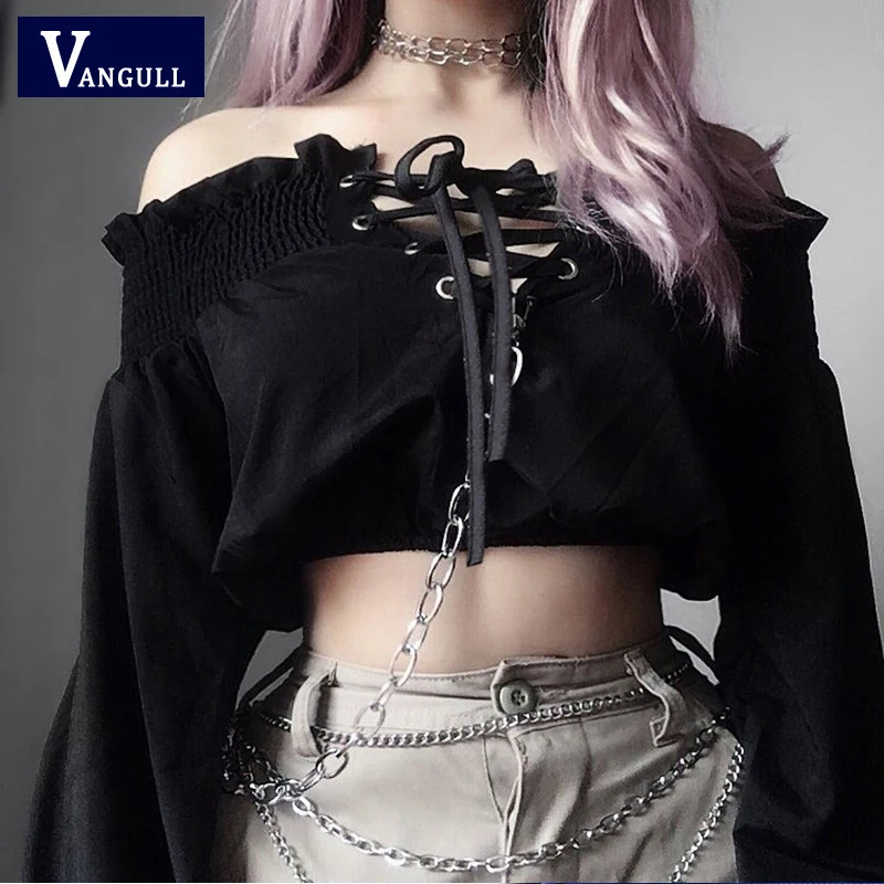 

Vangull Vintage Lace up Slash neck Short Shirt Women Solid Hollow out Long Sleeve Blouse Deep V Sexy Slim 2020 Spring Autumn New
