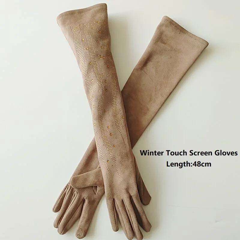 

Women Winter Keep Warm Touch Screen Diamond Long Gloves Plus Velvet Inside Female Elegant Soft Winter Gloves Touch Screen