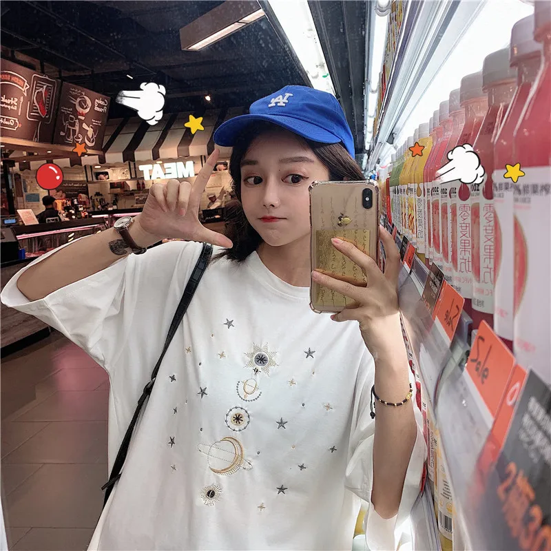 Женская футболка с принтом звезды и Луны Корейская кавайная забавная коротким
