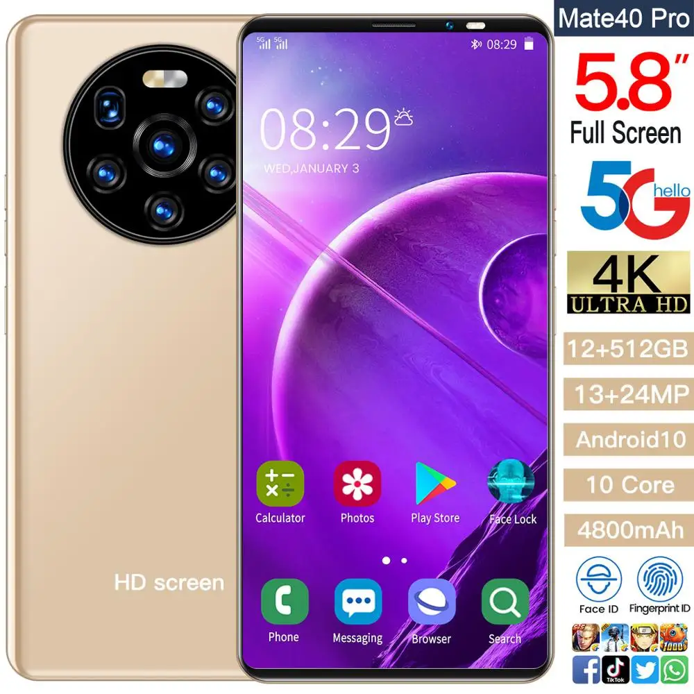 

New Arrival Mate40pro Cheap Smart Phone 5.8 Inch 4+64GB Face ID Dual SIM Andriod Phone 13+24MP 4800mAh 10 Core Fingerprint ID