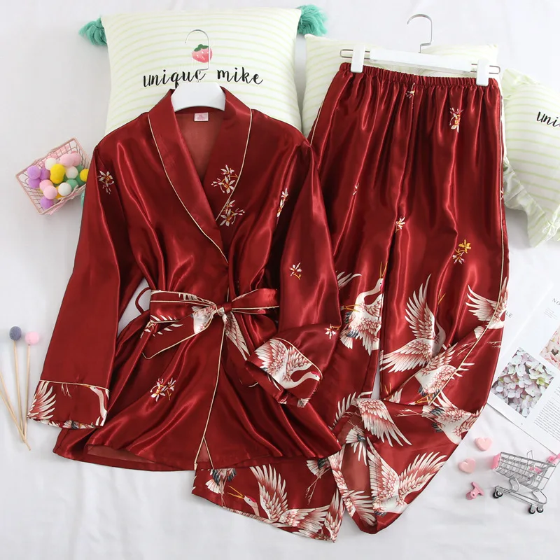 

Spring Autumn Women Pajamas Sets with Pants Sexy Silk Ladies Satin Nightwear Robe Pijama Long Sleeve Sleepwear Pyjama Femme